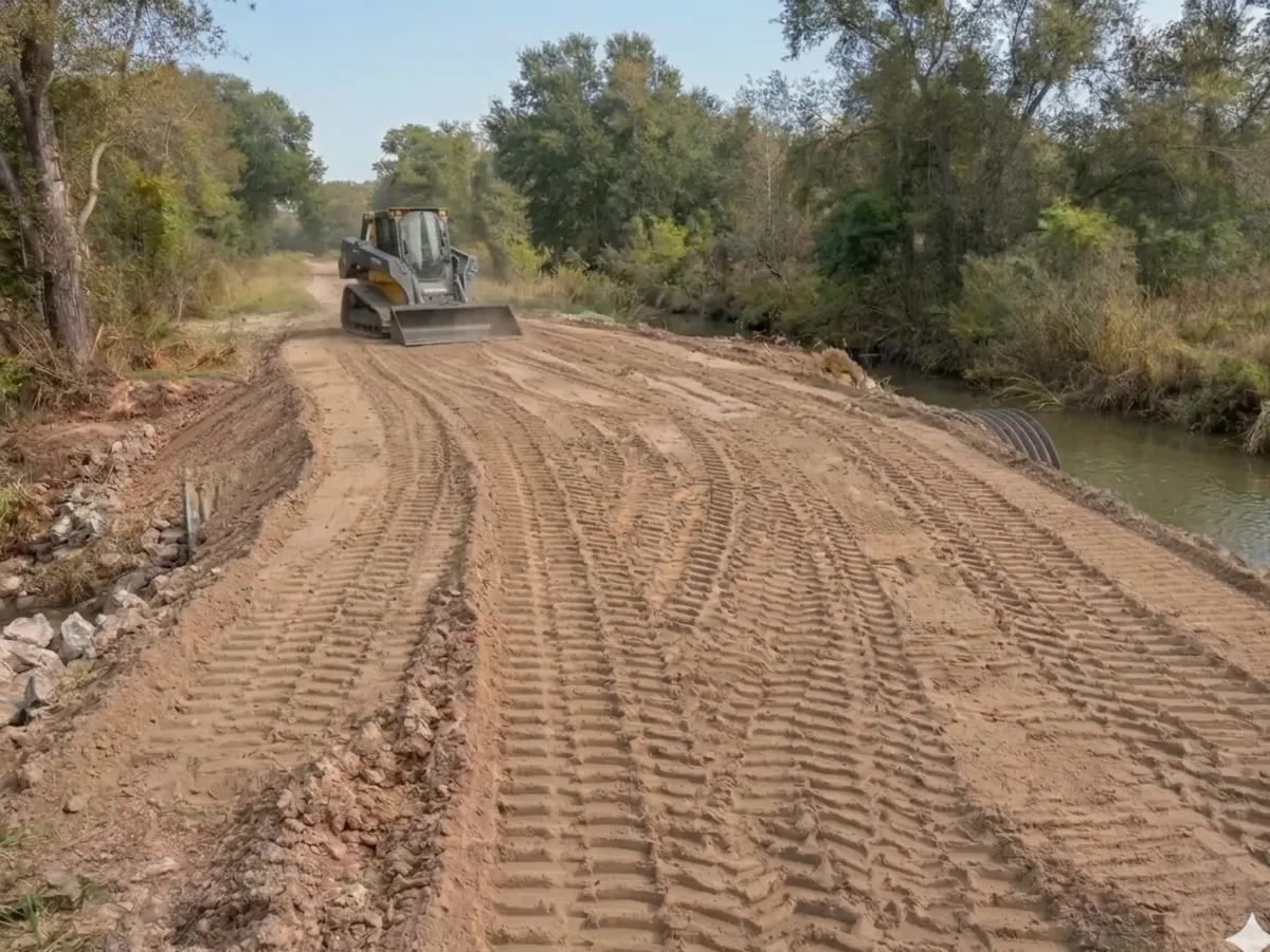 After: the same crossing rebuilt over a new culvert, the lane graded and the track loader finishing the approach