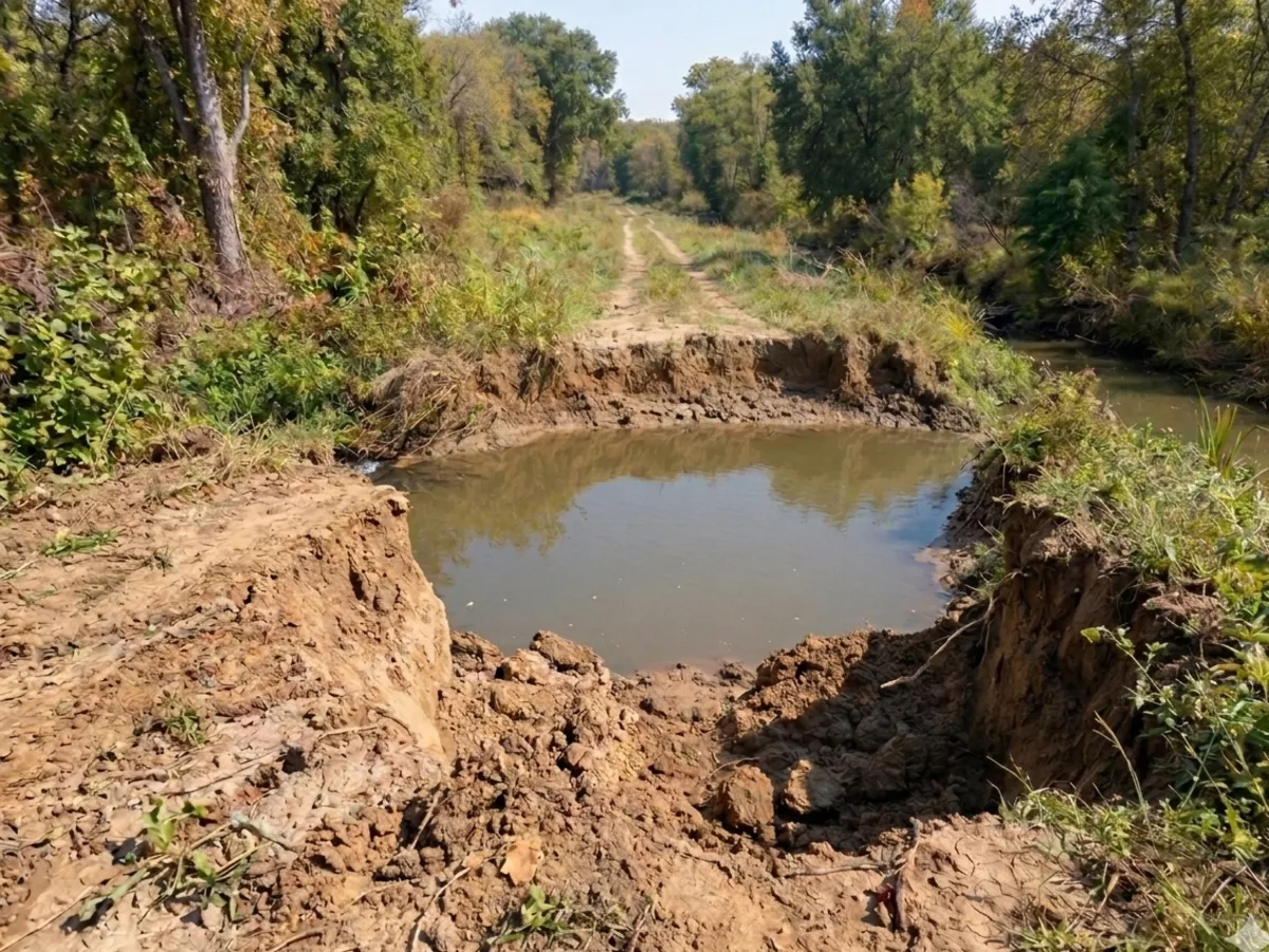 Before: a washed-out lane crossing with standing water where the old culvert failed